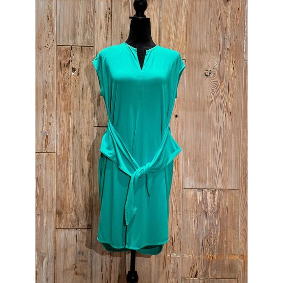 Lands End Green V-Neck Draping Wrap Twist Front Roll Sleeve Womens Midi Dress Si - Picture 1 of 5